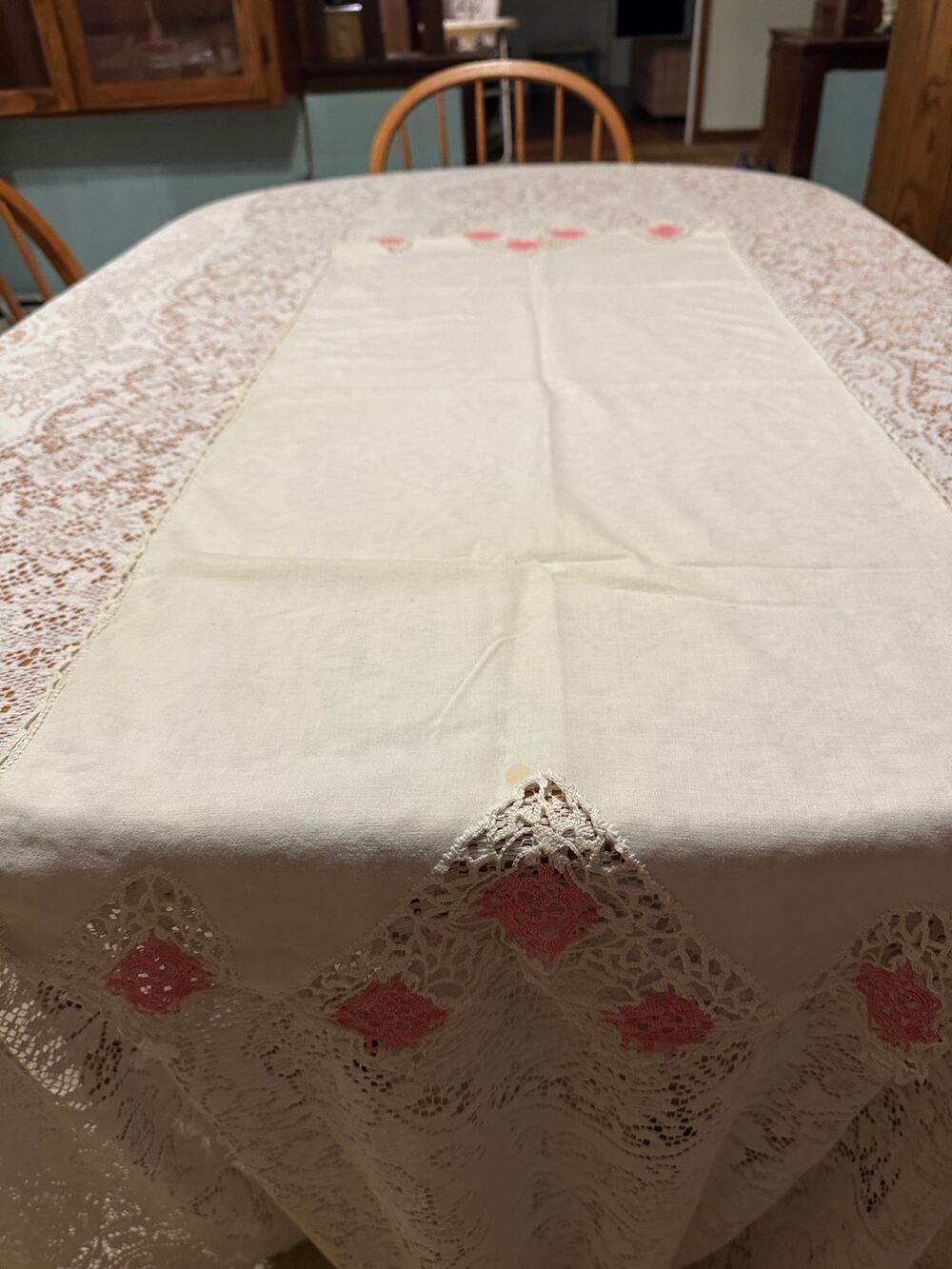 Vintage Crochet Table Runner Pink Granny Square Lace Trim Linen Cloth Boho 46"